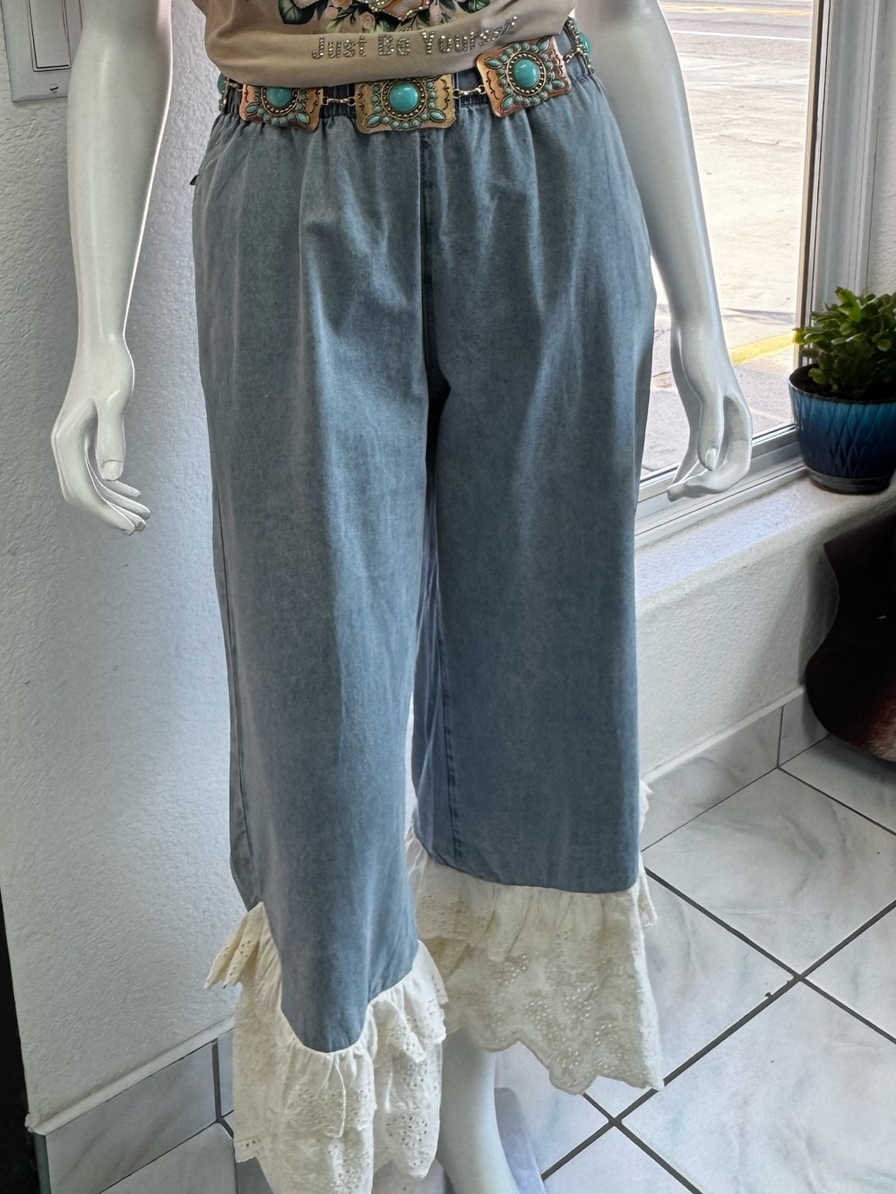 BiBi Light Blue Wide-Leg Denim Pants with Cream Eyelet Ruffle